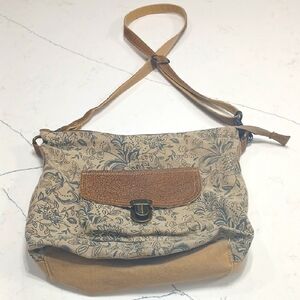 Tan and Brown Shoulder Bag with Floral Print and Adjustable Strap